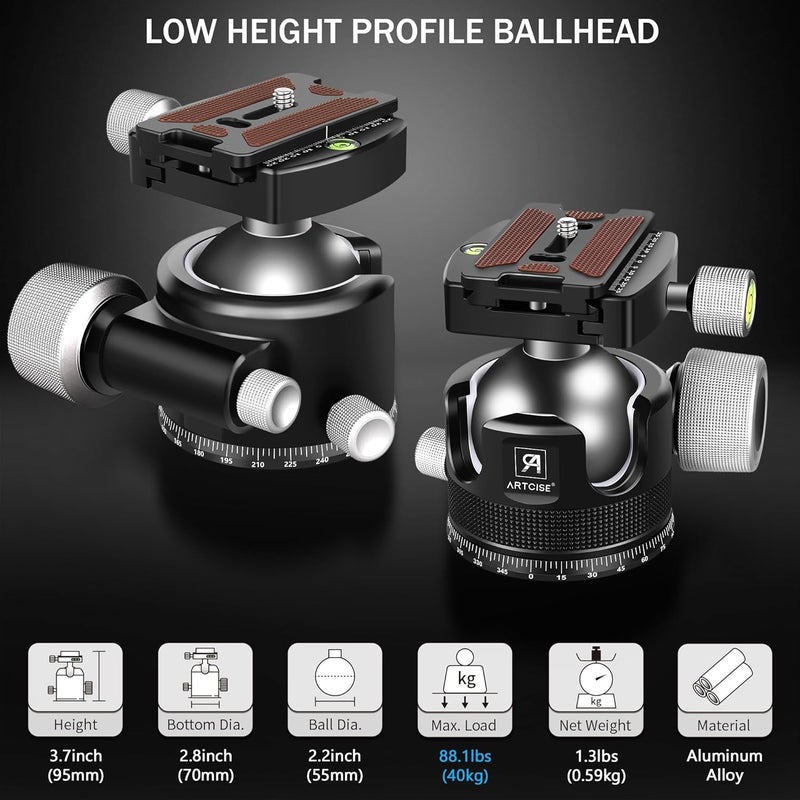 ARTCISE 55mm Low Profile Ball Head Tripod Ball Head KB55 Heavy Duty Tripod Head All Metal CNC Machining with Three 1/4" Quick Release Plates for Tripod, Monopod, DSLR, Camcorder, Max Load 88lbs /40kg - Image 2